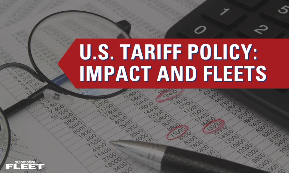 An image of data, glasses, a pen, and calculator with text reading "U.S. Tariff Policy Impact and Fleets".