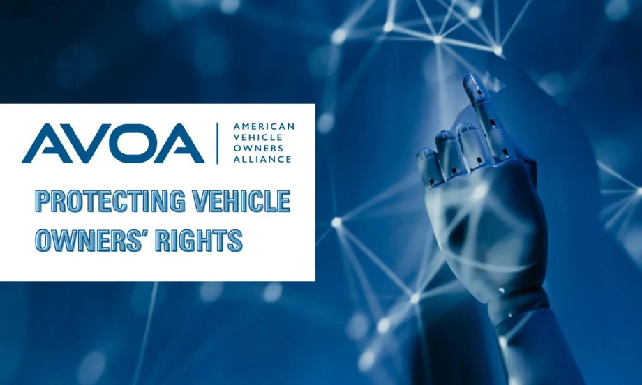 A blue and white graphic with an AVOA logo and text reading "Protecting Vehicle Owners' Rights".