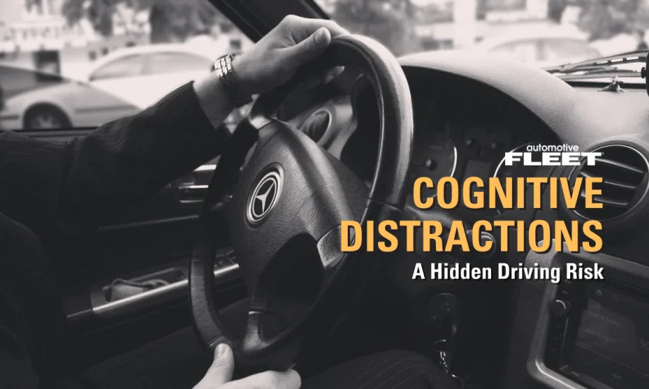 Black and white image of hands holding a steering wheel with text reading "Cognitive Distractions: A Hidden Driving Risk".