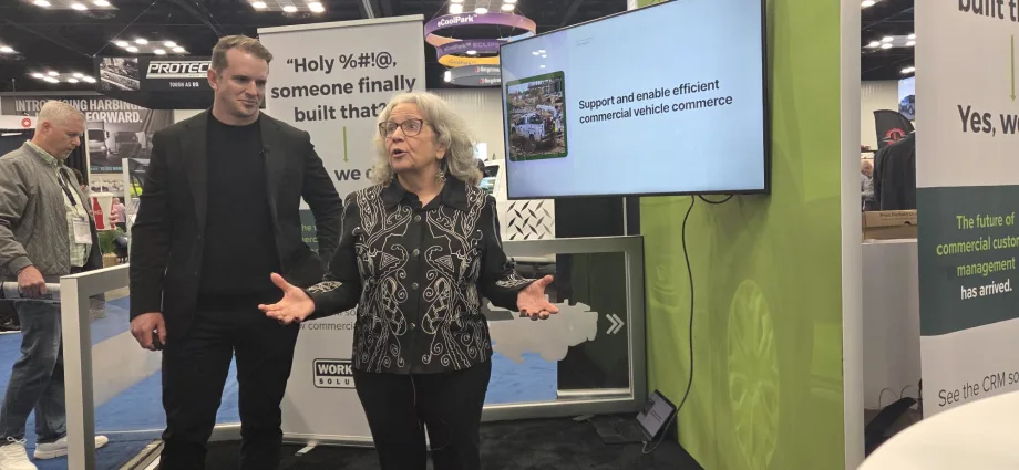 Kathryn Schifferle and Alex Young of Work Truck Solutions discuss the company’s new commercial vehicle CRM platform at Work Truck Week 2026 in Indianapolis.