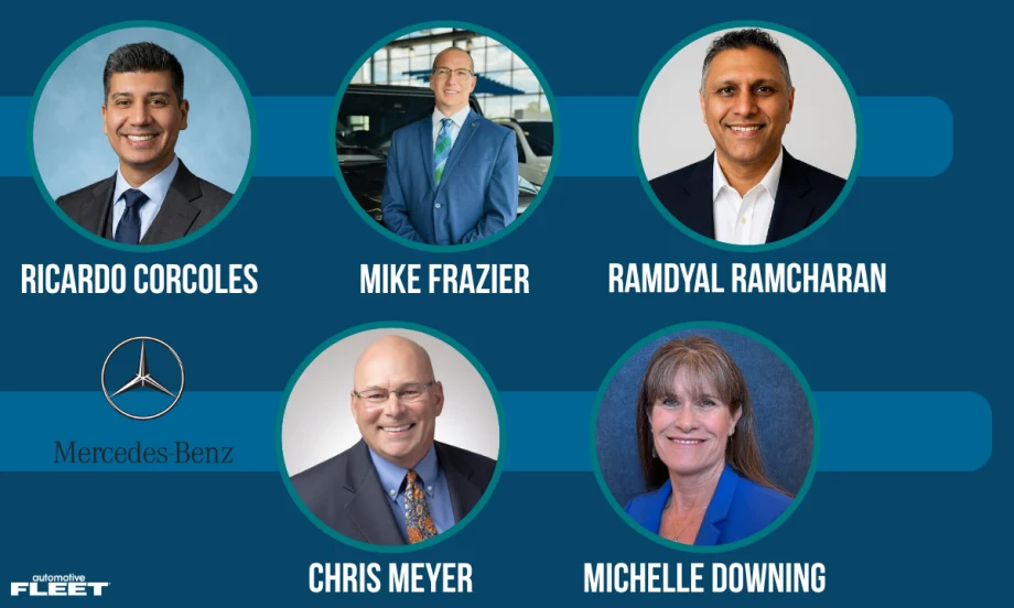 Graphic with headshots of Mercedes-Benz fleet leaders Ricardo Corcoles, Mike Frazier, Ramdyal Ramcharan, Chris Meyer, and Michelle Downing as part of the company’s new fleet business development team.
