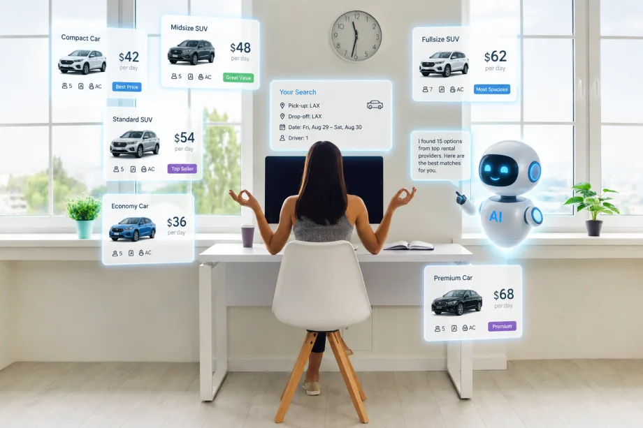 Woman receiving car rental rates on computer from AI agent