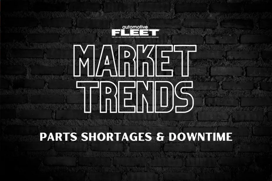 Automotive Fleet graphic on a black brick background with the words “Market Trends” and “Parts Shortages & Downtime.”