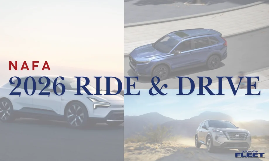 Graphic showing multiple vehicles driving, promoting NAFA I&E 2026 Ride and Drive Experience in Cleveland where attendees test new fleet vehicles, EVs, and technologies.
