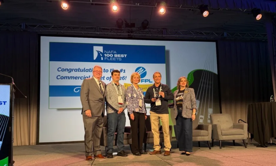 Five award recipients stand on stage at NAFA 2026 I&E in Cleveland as Florida Power & Light is recognized as the #1 Commercial Fleet in the 100 Best Fleets program.