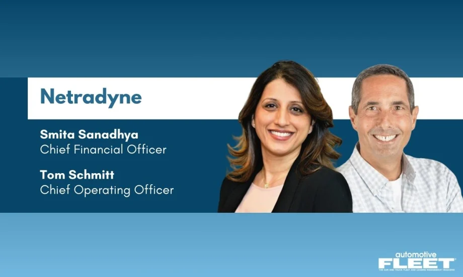 Two smiling professionals against a gray background with the Automotive Fleet logo in the top right corner.