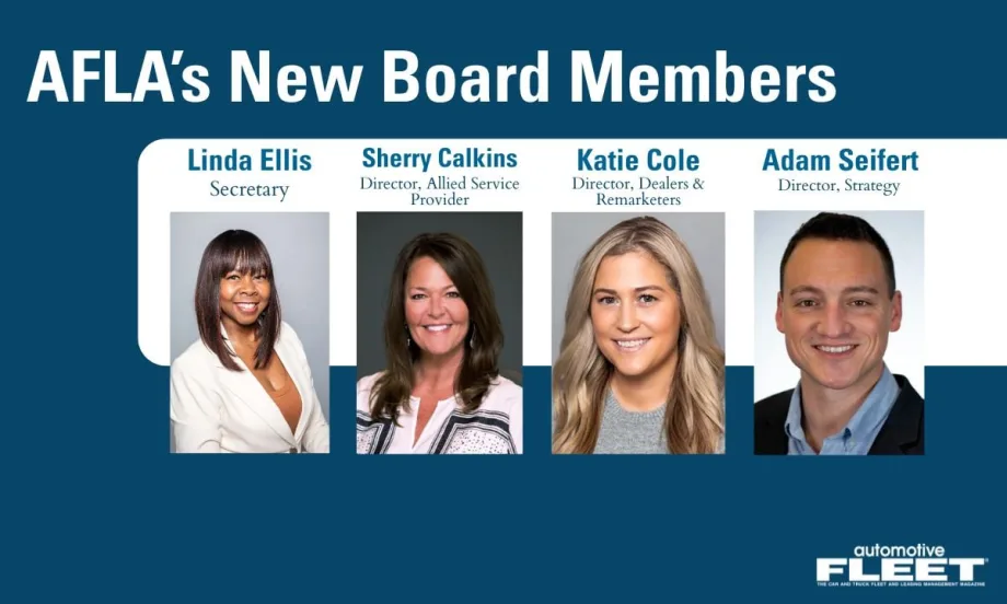 Headshots of AFLA's newly appointed board members: Linda Ellis (Secretary), Sherry Calkins (Director, Allied Service Provider), Katie Cole (Director, Dealers & Remarketers), and Adam Seifert(Director)
