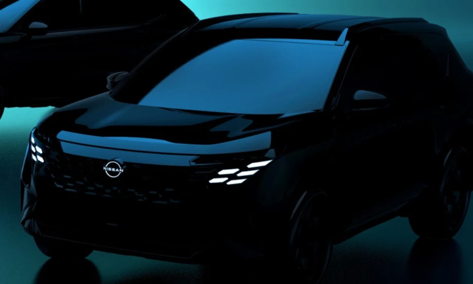 Teaser image of 2027 Nissan Rogue Hybrid e-POWER, a dark SUV with LED lighting, representing Nissan’s new series hybrid with dual-motor AWD and no plug-in charging.