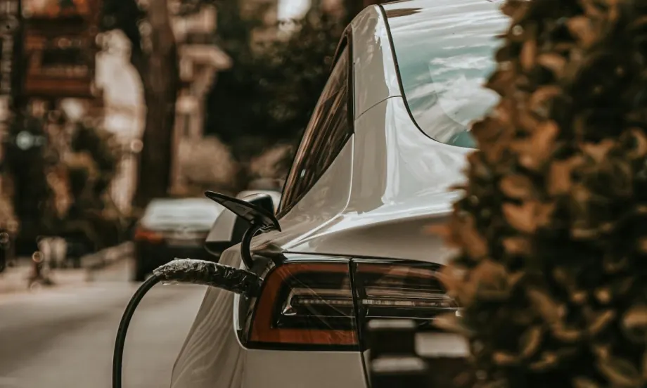 A rear view of an electric vehicle charging while parked on the street. Part of the car is obscured by a bush.