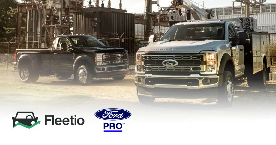 An image of two work trucks on site with a Fleetio and Ford Pro logo.