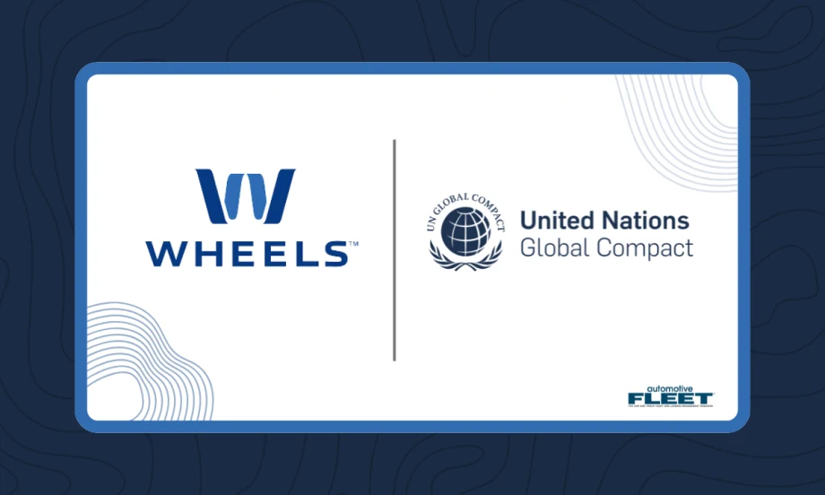 A blue and white graphic with Wheels and United Nations Global Compact logos.
