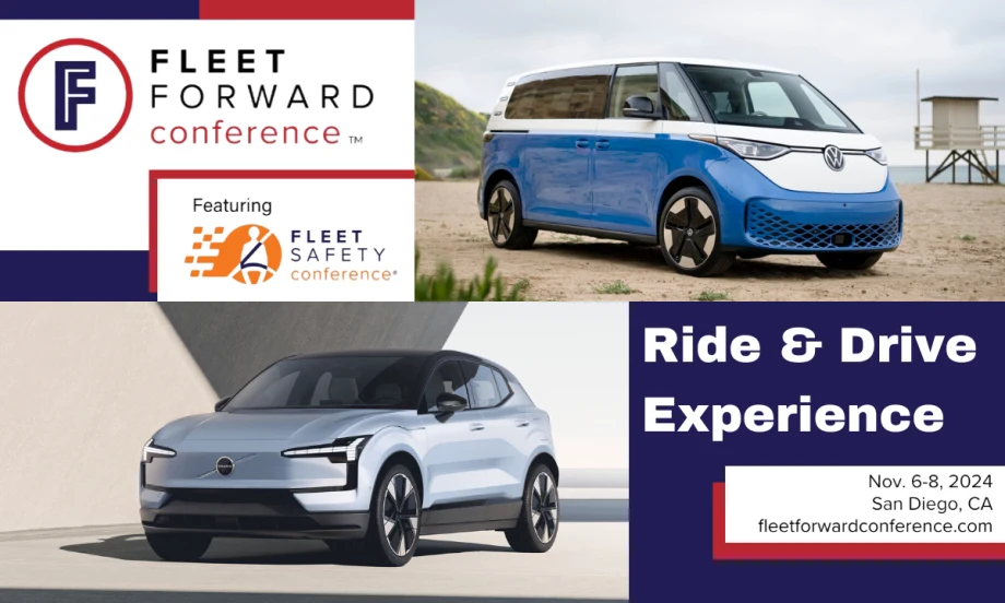 A blue, red, and white graphic with images of a Volkswagen ID. Buzz and a Volvo EX30, with text reading "Ride & Drive Experience".