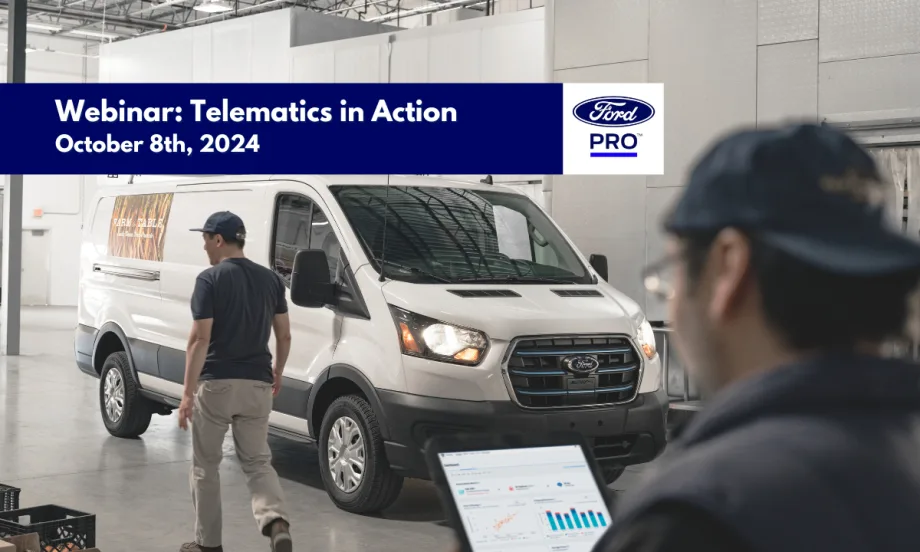 Image of workers inside a warehouse checking telematics in front of a van with text announcing the webinar "Telematics in Action".
