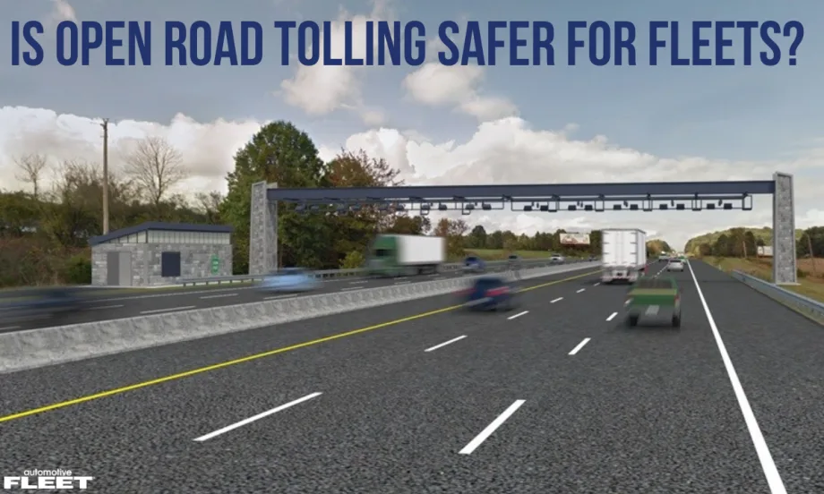 A photo of a main highway road that includes open road tolling.