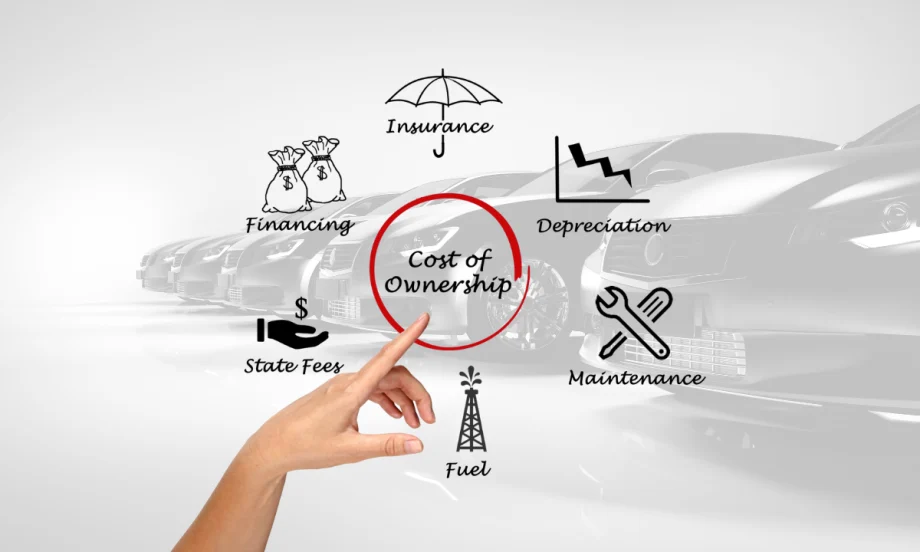 Graphic of costs overlaying row of vehicles.