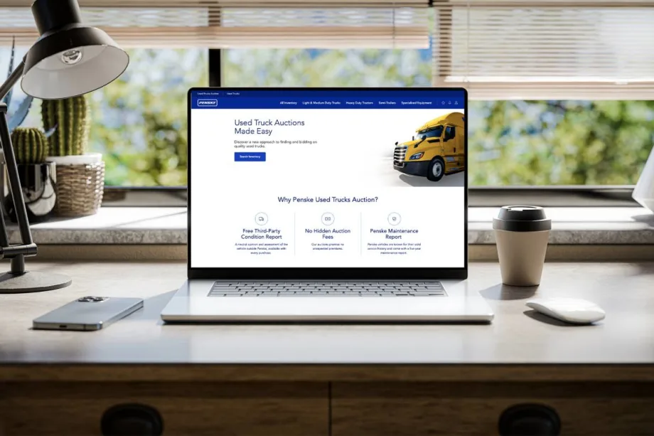 Computer with screen showing a used truck auction bidding website.