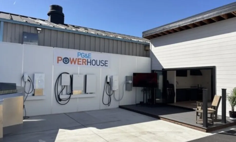 PG&E PowerHouse demo home in San Ramon with wall-mounted EV chargers, batteries, and electric systems, showcasing all-electric home technologies and energy management solutions.
