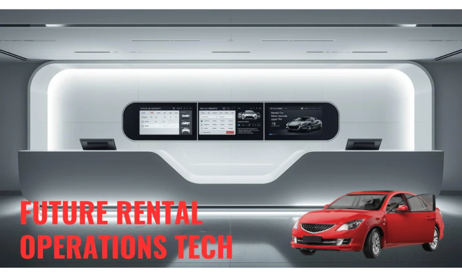 A futuristic gray rental car counter with a white recessed background area featuring flat-screen displays, accented by mood lighting.