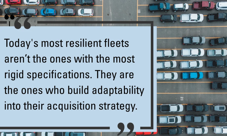 Aerial view of fleet vehicles in a parking lot with a quote about adaptability in fleet acquisition strategy.