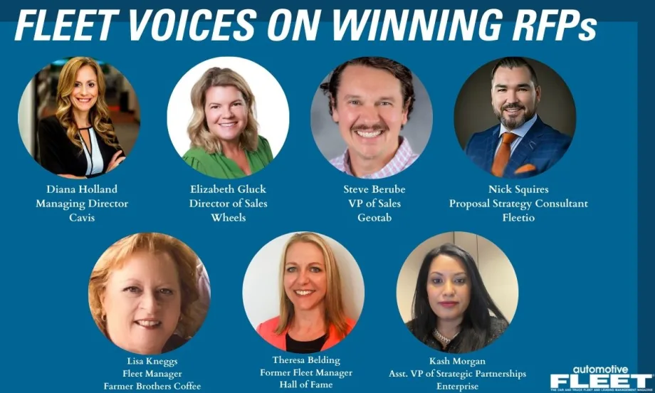 Blue graphic entitled "Fleet Voices on Winning RFPs" featuring headshots and titles of six fleet industry professionals.