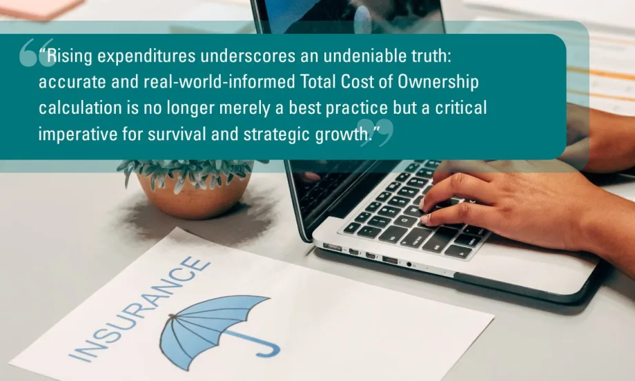 Laptop workspace with an insurance document and a highlighted quote about the importance of accurate Total Cost of Ownership calculations for fleet management in a rising cost environment.