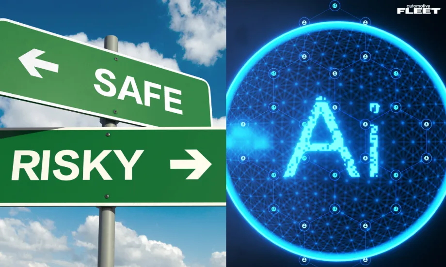 Road signs pointing to “Safe” and “Risky” beside a glowing AI network graphic, illustrating the role of artificial intelligence in driver safety, coaching, training, and risk management.