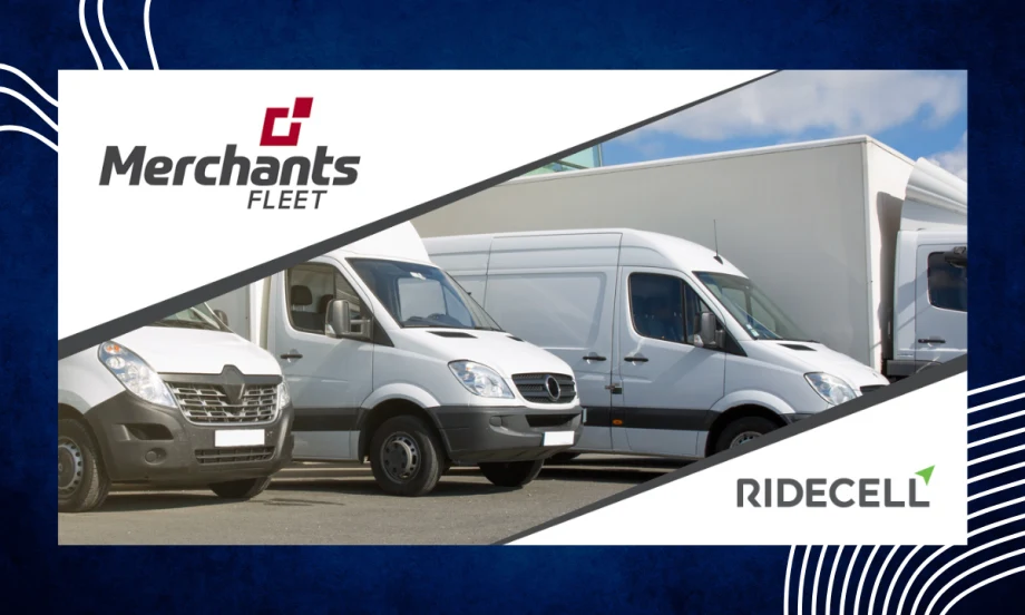 An image depicting white fleet vehicles diagonally sandwiched by Merchants Fleet and Ridecell logos, respectfully.