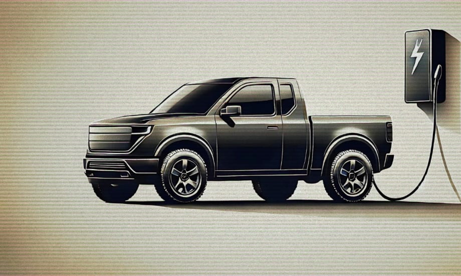 An AI-generated image of a gray small electric pickup truck plugged in to a charging station.