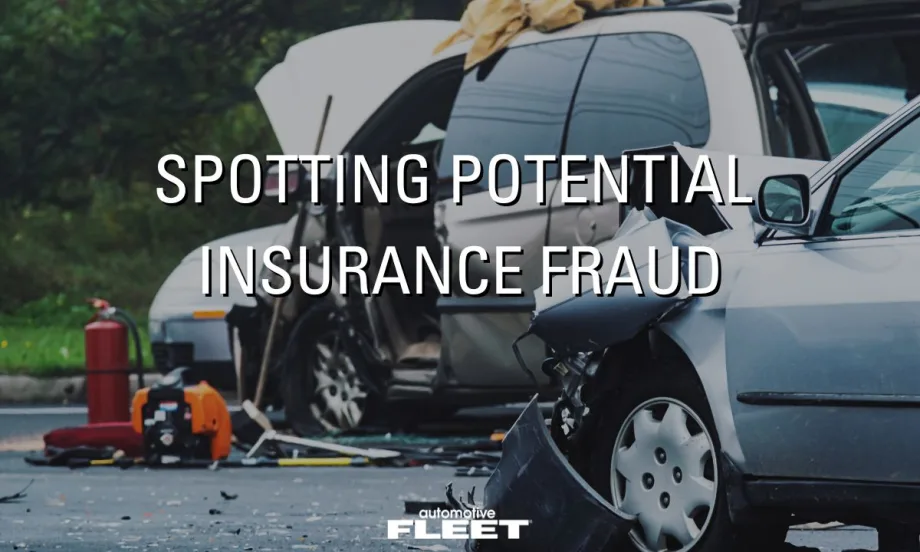Two vehicles in a collision with the title "Spotting Potential Insurance Fraud" overlayed and the Automotive Fleet logo at the bottom.