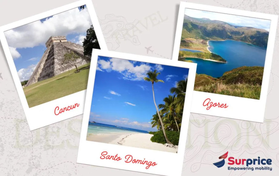 Photos of scenery in Cancun, Santo Domingo, and Azores.