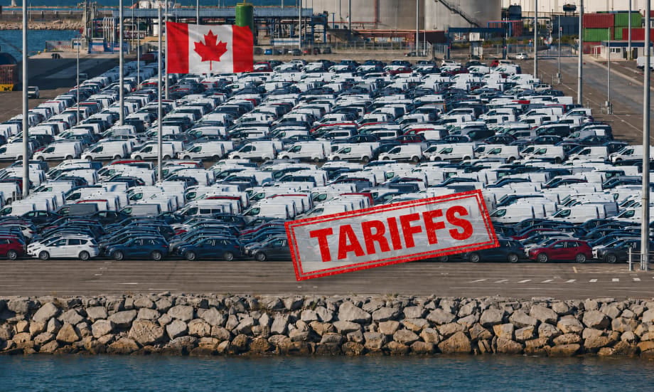 rows of vehicles at port with Canadian flag and tariffs stamp over the image