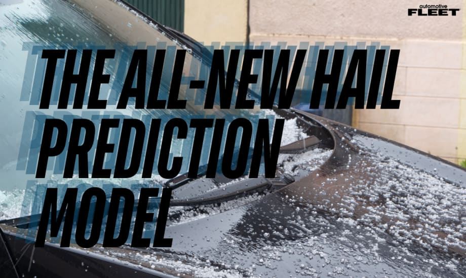 Hail covers the windshield and hood of a black vehicle with text overlay about FLASH Weather AI’s new hail prediction model.