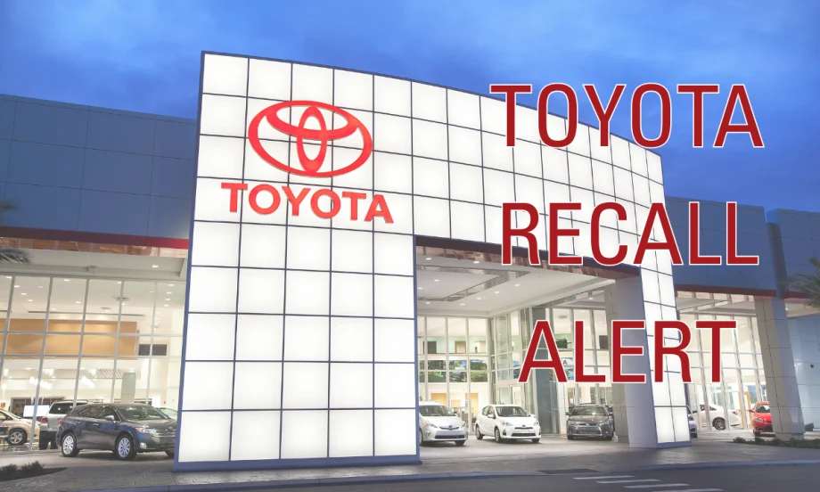 A picture of a Toyota dealer and the words "TOYOTA RECALL ALERT" across the front of the picture.