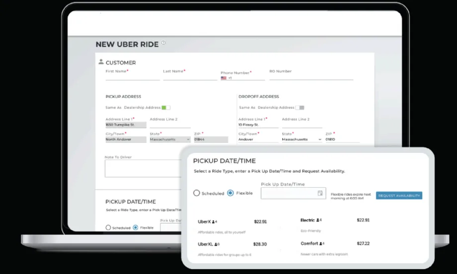 Uber ride reservation pane on a computer screen.