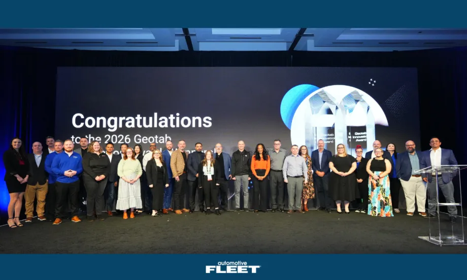 Geotab Connect Innovation Award winners stand on the stage after the award ceremony on Feb 10, 2026.