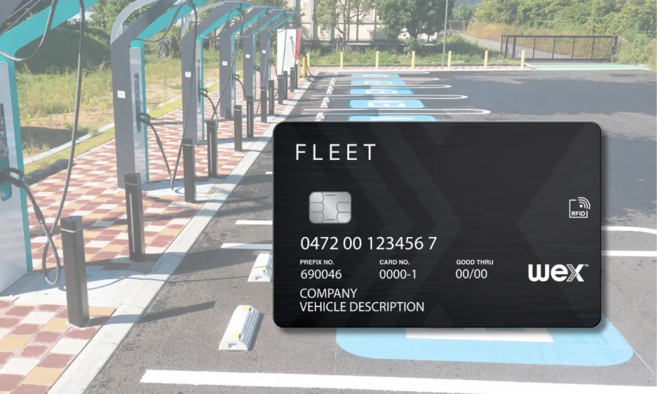 graphic of a fleet card with EV chargers in background