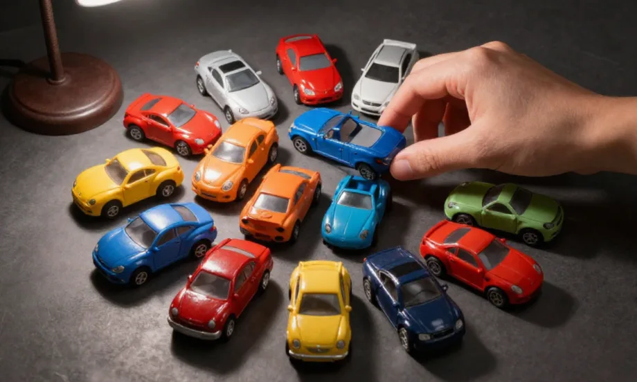 Hand moving toy cars.