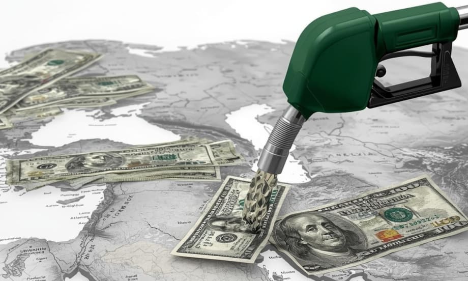 gas pump dispensing money on Middle East map