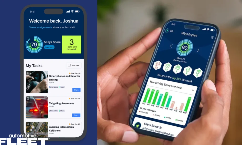 Fleet driver safety app displays training tasks and driving performance scores on mobile screens, showing the 5Keys Engage dashboard with driver behavior metrics, safety lessons, and progress tracking