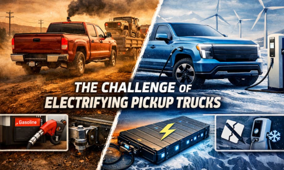The challenge of electrifying pickup trucks with two vehicles shown for gas or electric