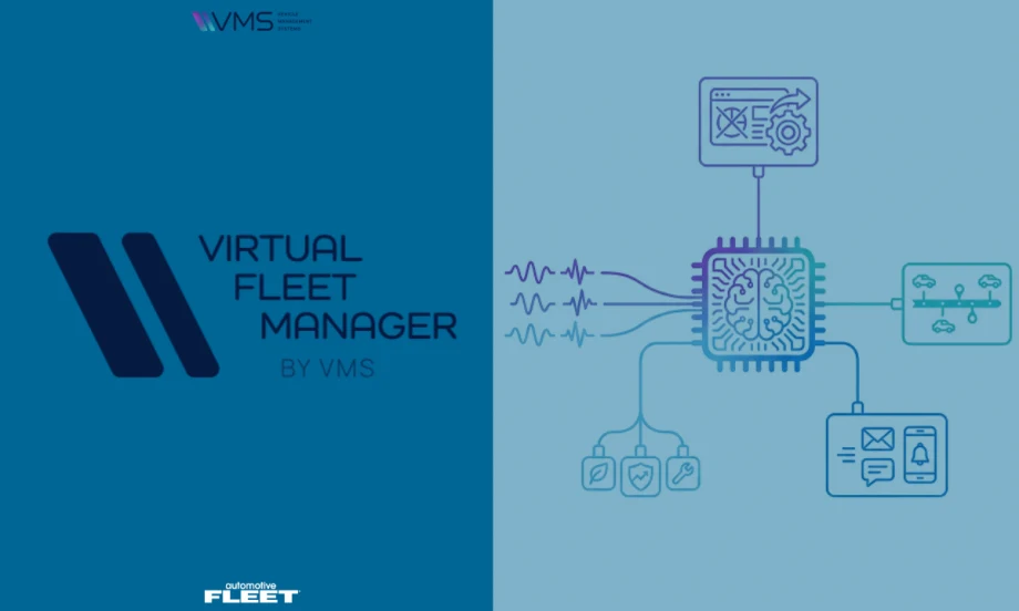 VMS Virtual Fleet Manager graphic showing a central AI chip connected to vehicle data, diagnostics, and system workflows across a fleet management platform.