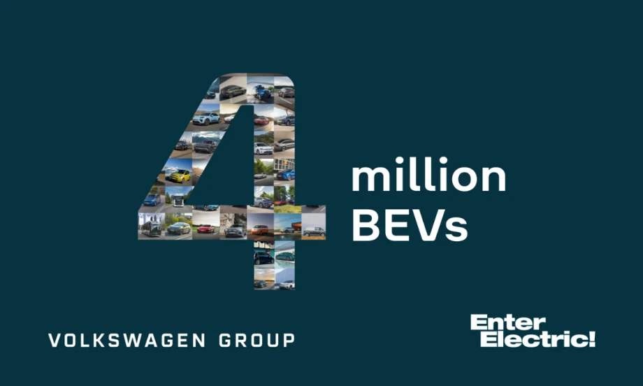 Volkswagen Group infographic highlighting the delivery of 4 million battery-electric vehicles, featuring the company logo and messaging about its global electric vehicle milestone.