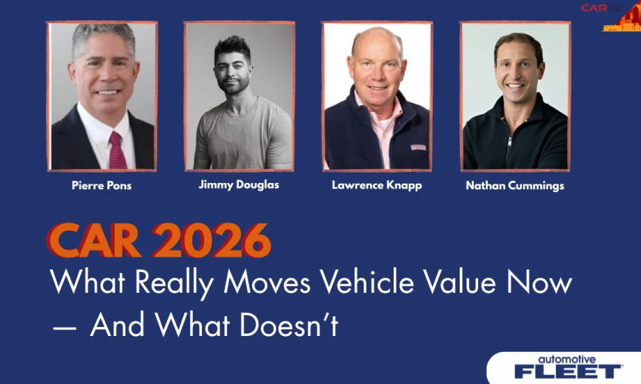 Graphic promoting a CAR 2026 conference session showing four speaker headshots above the title “What Really Moves Vehicle Value Now — And What Doesn’t” with automotive conference branding
