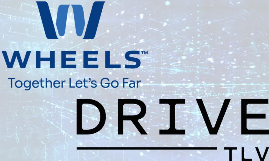 The Wheels and Drive TLV logo is bolded and overlays a blue, futuristic background.