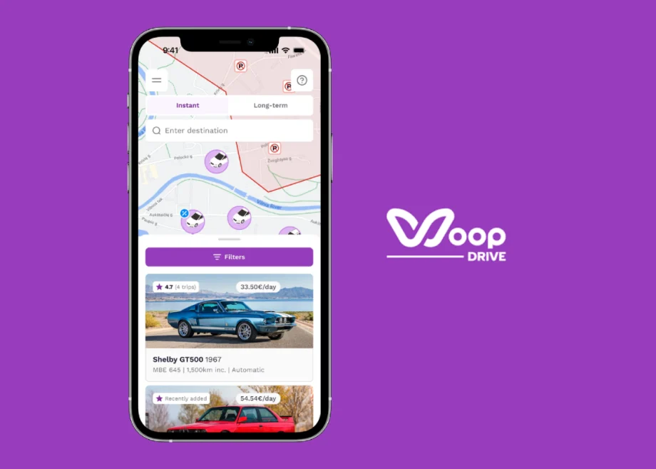 Woop logo with giant smartphone displaying rental cars.