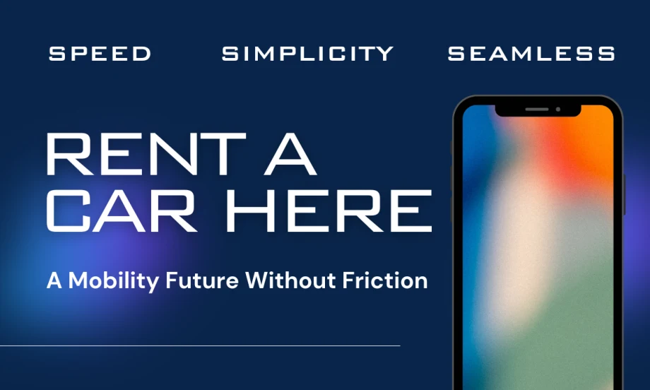 Outline of a multi-colored smart phone screen next to large lettering, "Rent A Car Here."