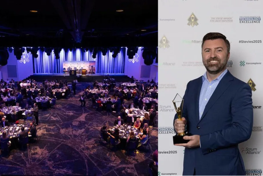 Overhead view of the awards gala and a photo of a Zubie exec with an award.