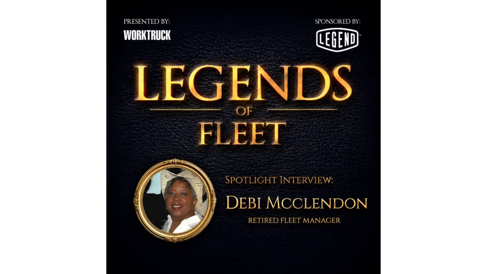Square promotional graphic for Legends of Fleet featuring retired fleet manager Debi McClendon, with gold “Legends of Fleet” lettering, Work Truck and Legend logos, and a framed portrait on a dark textured background.
