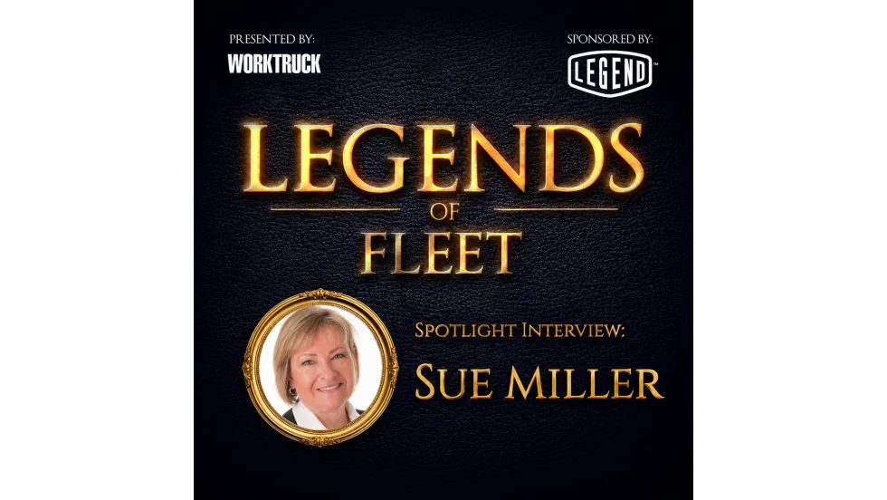 Square promotional graphic for Legends of Fleet featuring a spotlight interview with Sue Miller, with gold “Legends of Fleet” lettering, Work Truck and Legend logos, and a framed portrait on a dark textured background.