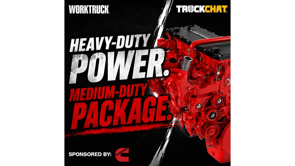Podcast cover graphic with Work Truck and TruckChat logos, bold text reading “Heavy-Duty Power. Medium-Duty Package.” and a red Cummins X10 engine.